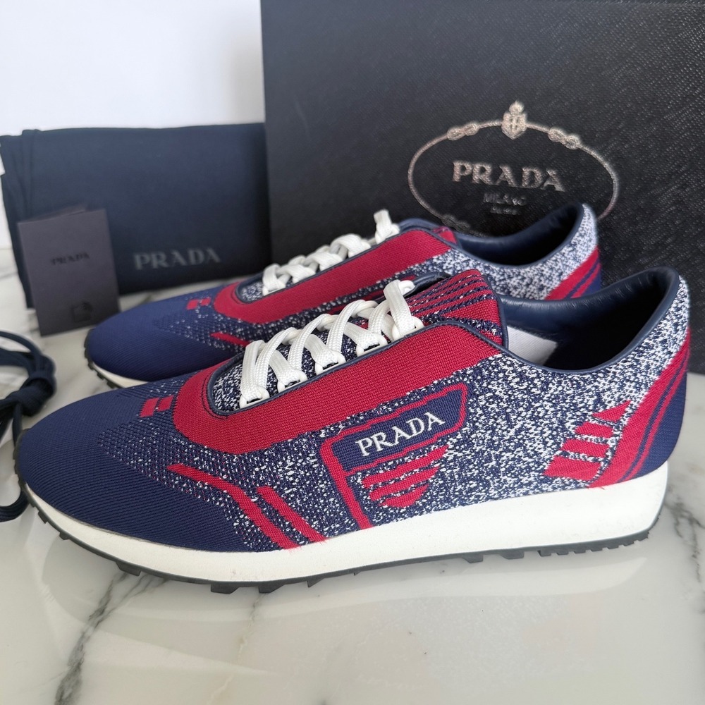 Prada Knit Sneakers Mens  Indaco Scarlatto Blue Red 2EG272 Runner Shoes US 8